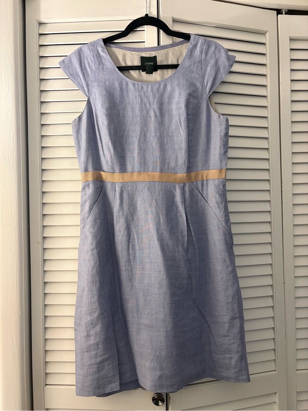 J. Crew Blue Linen-Blend Sheath Dress with Tan Waistband